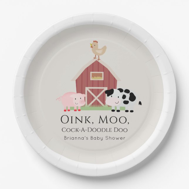 Farm Animals Barnyard Beige Baby Shower Paper Plate (Front)