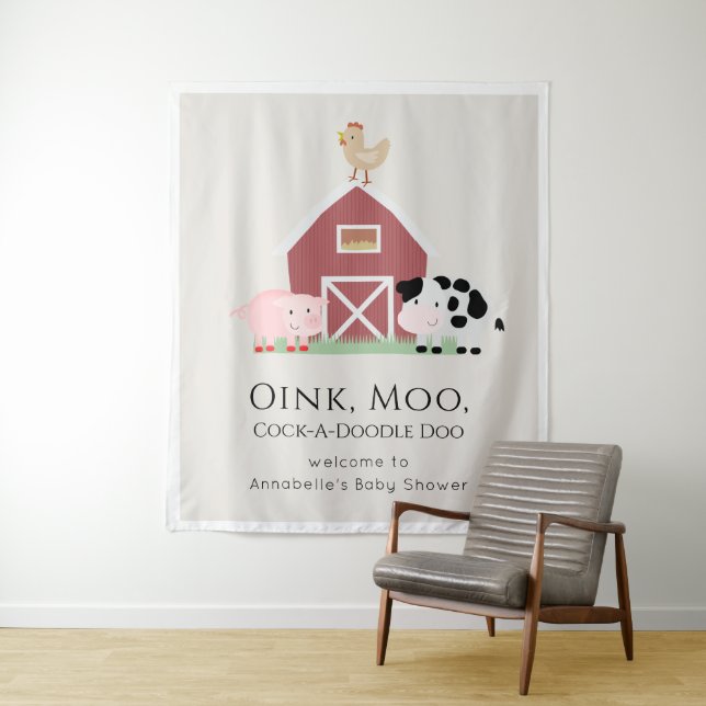 Farm Animals Barnyard Beige Baby Shower Welcome Tapestry (In Situ)