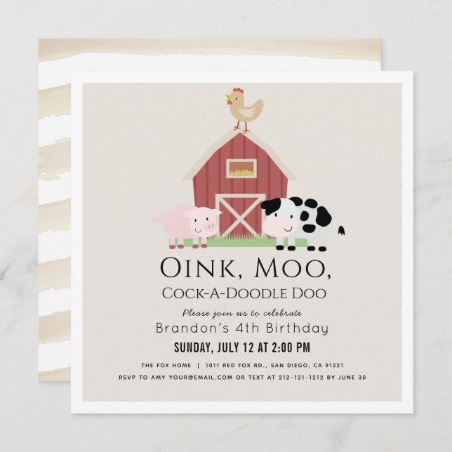 Farm Animals Barnyard Beige Birthday Square Invitation (Front/Back)