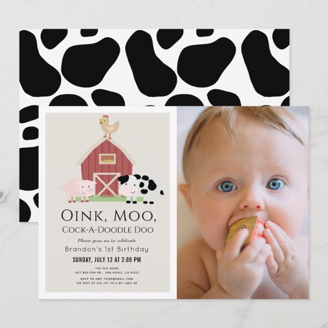 Farm Animals Barnyard Beige Photo 1st Birthday Invitation (Front/Back)