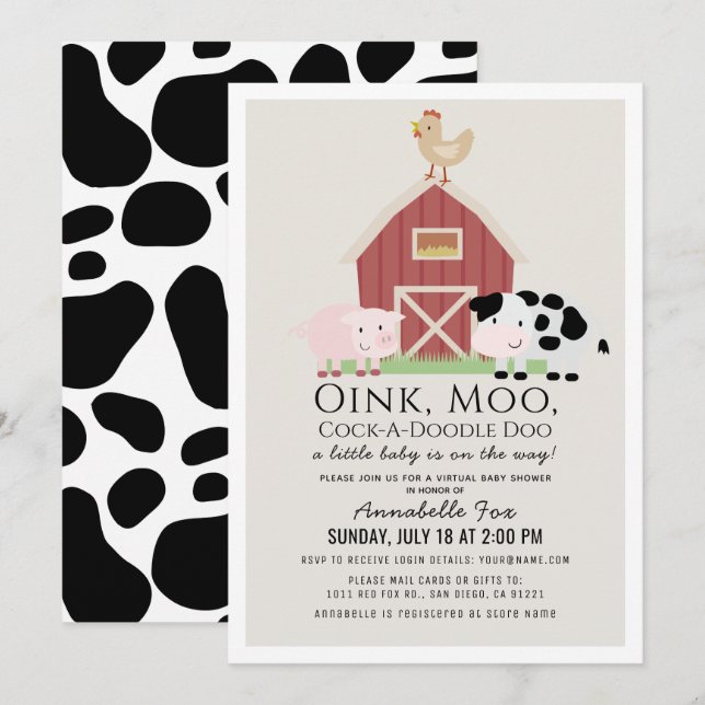 Farm Animals Barnyard Beige Virtual Baby Shower Invitation (Front/Back)