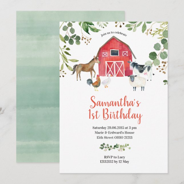 Farm Animals Barnyard Birthday Invitation (Front/Back)