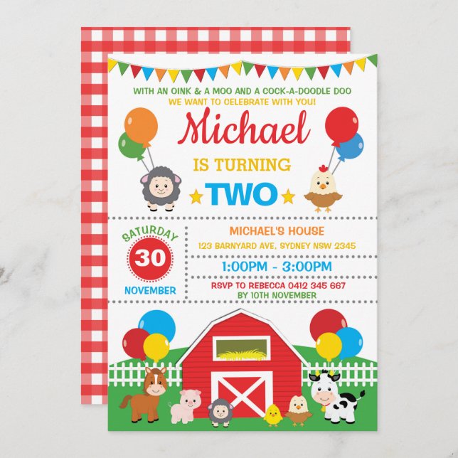 Farm Animals Barnyard Birthday Party Petting Zoo Invitation (Front/Back)