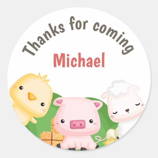 Farm Animals Barnyard Birthday Thank You Classic Round Sticker (Front)