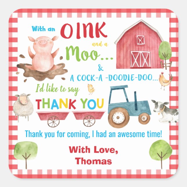 Farm Animals Barnyard Birthday Thank You Favor Square Sticker (Front)