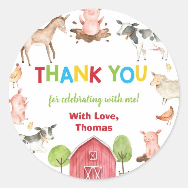 Farm Animals Barnyard Birthday Thank You Favour Cl Classic Round Sticker (Front)