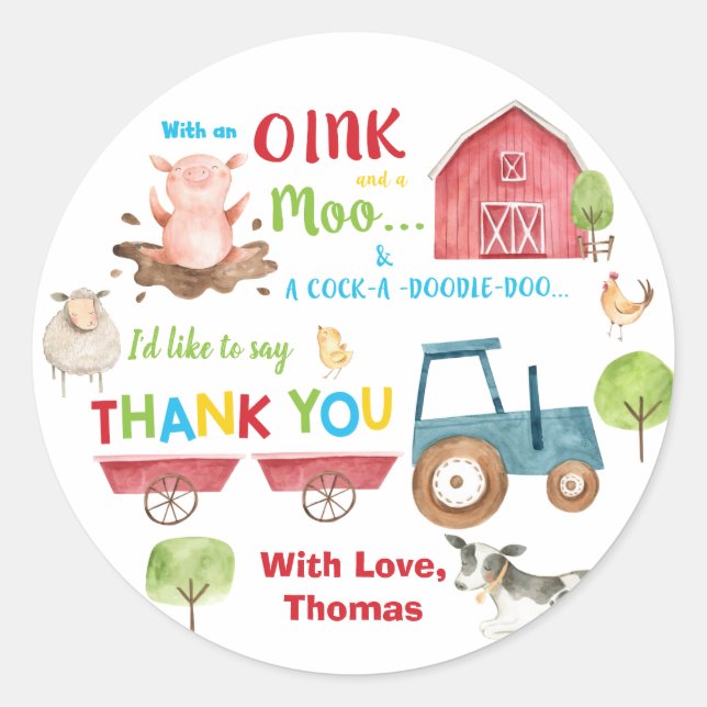 Farm Animals Barnyard Birthday Thank You Favour Classic Round Sticker (Front)