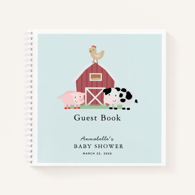 Farm Animals Barnyard Blue Baby Shower Guest Book (Front)