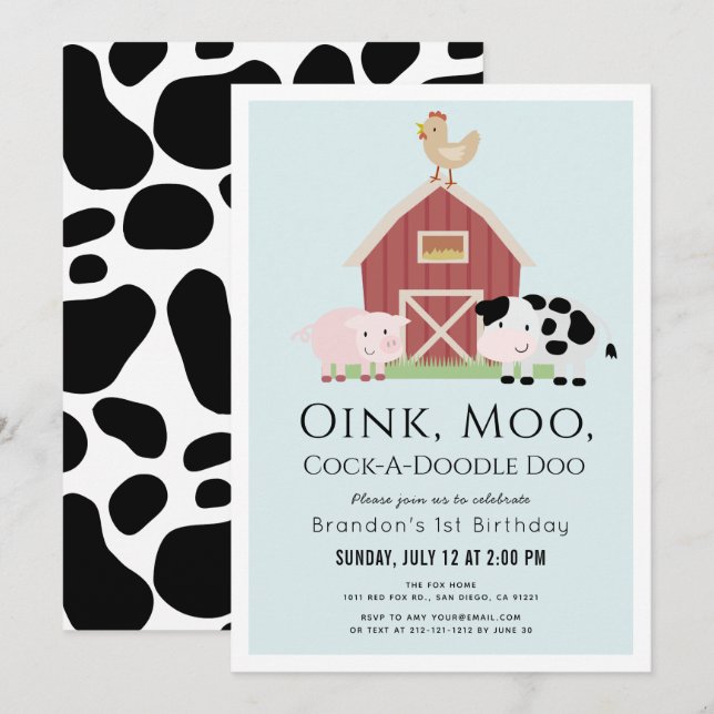 Farm Animals Barnyard Blue Boy 1st Birthday Invitation (Front/Back)