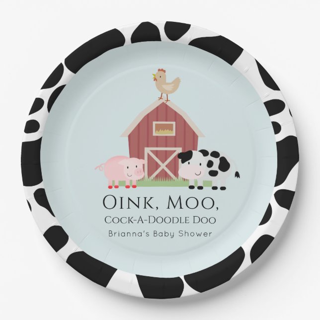 Farm Animals Barnyard Blue Boy Baby Shower Paper Plate (Front)
