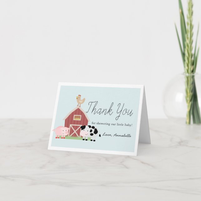 Farm Animals Barnyard Blue Boy Baby Shower Thank You Card (Front)