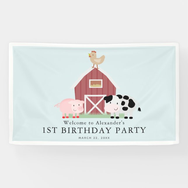 Farm Animals Barnyard Blue Boy Birthday Welcome Banner (Horizontal)