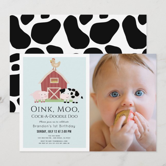 Farm Animals Barnyard Blue Boy Photo 1st Birthday Invitation (Front/Back)