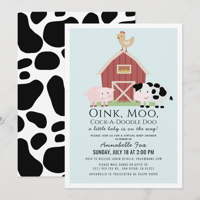 Farm Animals Barnyard Blue Boy Virtual Baby Shower Invitation (Front/Back)