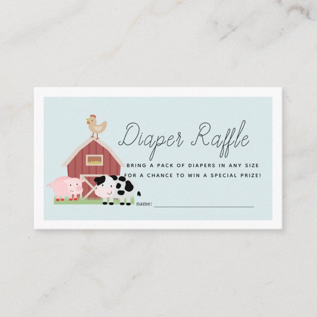 Farm Animals Barnyard Blue Diaper Raffle Ticket Enclosure Card (Front)