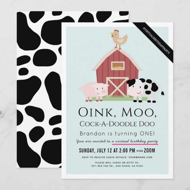 Farm Animals Barnyard Blue Virtual 1st Birthday Invitation (Front/Back)