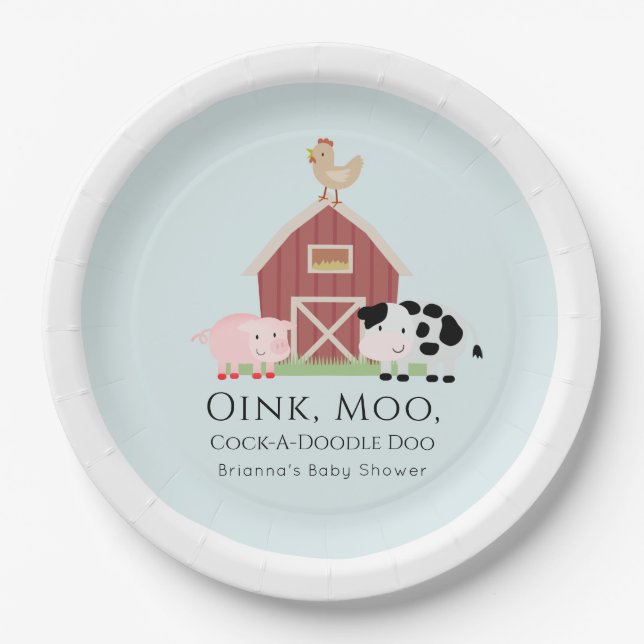 Farm Animals Barnyard Boy Blue Baby Shower Paper Plate (Front)