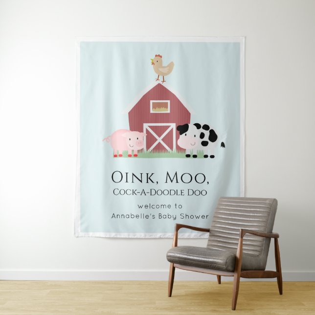 Farm Animals Barnyard Boy Blue Baby Shower Welcome Tapestry (In Situ)