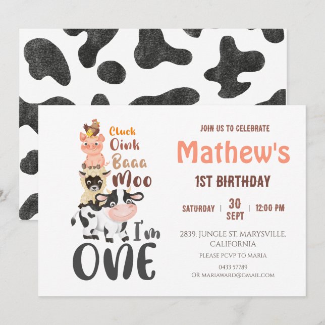 Farm Animals barnyard First 1st Birthday Invitation (Front/Back)