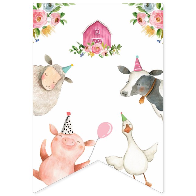 Farm Animals Barnyard Girl Happy Birthday Banner (First Flag)