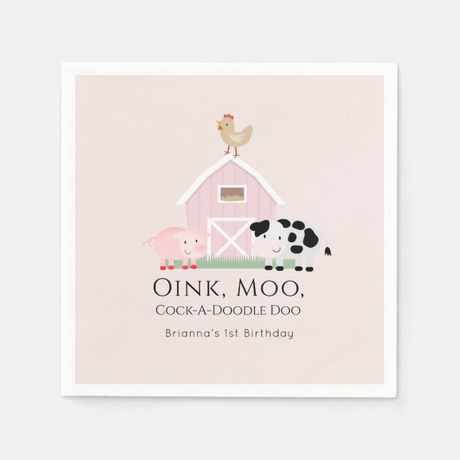 Farm Animals Barnyard Girl Pink Birthday Paper Napkin (Front)