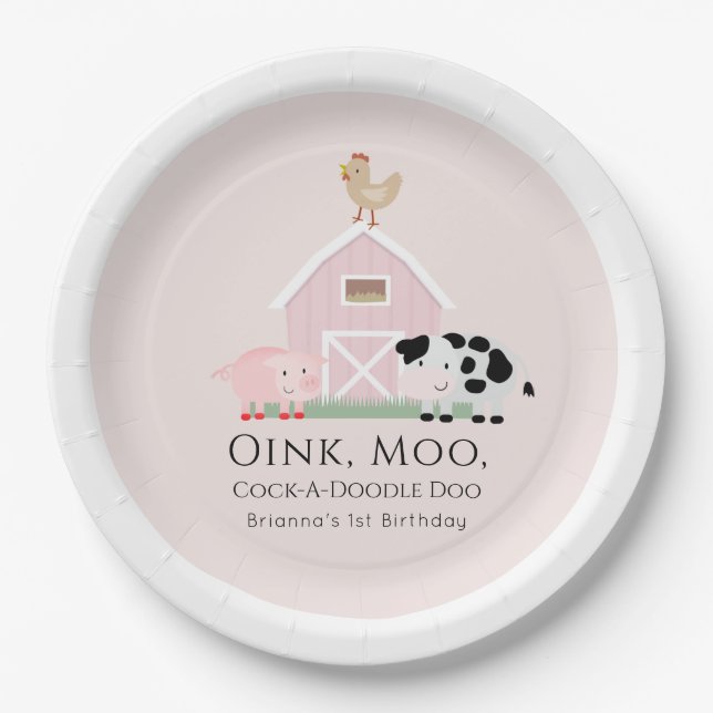 Farm Animals Barnyard Girl Pink Birthday Paper Plate (Front)