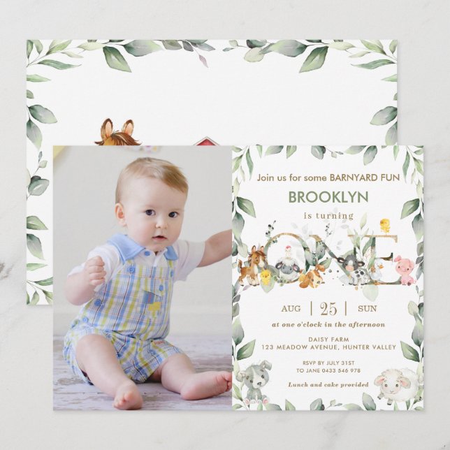 Farm Animals Barnyard Greenery 1st Birthday Photo Invitation (Front/Back)