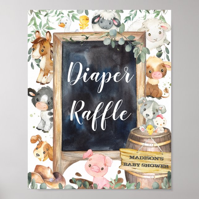 Farm Animals Barnyard Greenery Diaper Raffle Sign (Front)