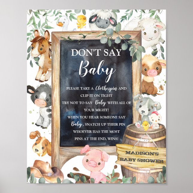 Farm Animals Barnyard Greenery Don't Say Baby Game Poster (Front)