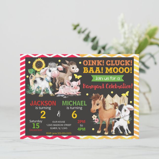 Farm Animals Barnyard Joint Birthday Party Invitation (Standing Front)