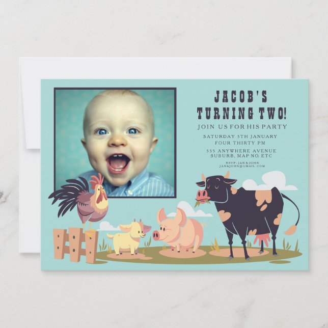 Farm Animals Barnyard Kids Birthday Photo Invite (Front)