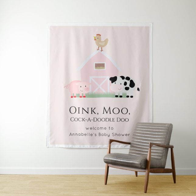 Farm Animals Barnyard Pink Baby Shower Welcome Tapestry (In Situ)
