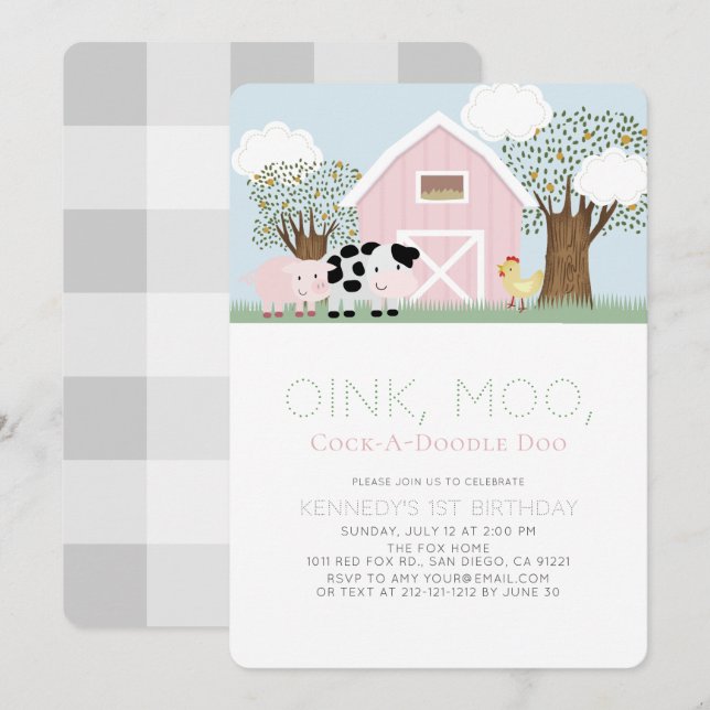 Farm Animals Barnyard Pink Barn 1st Birthday Invit Invitation (Front/Back)