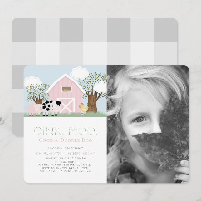 Farm Animals Barnyard Pink Barn Birthday Photo Invitation (Front/Back)