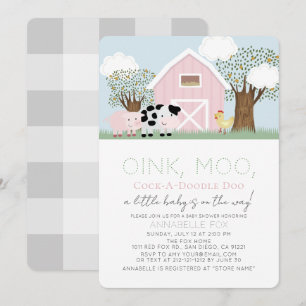 Farm Animals Barnyard Pink Barn Girl Baby Shower Invitation