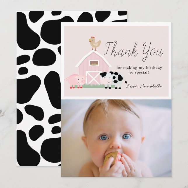 Farm Animals Barnyard Pink Birthday Thank You Card (Front/Back)