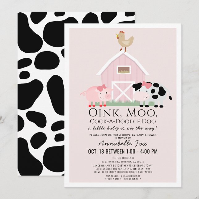 Farm Animals Barnyard Pink Drive-by Baby Shower Invitation (Front/Back)