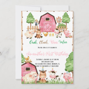 Farm Animals Barnyard Pink Girl Birthday Party Invitation