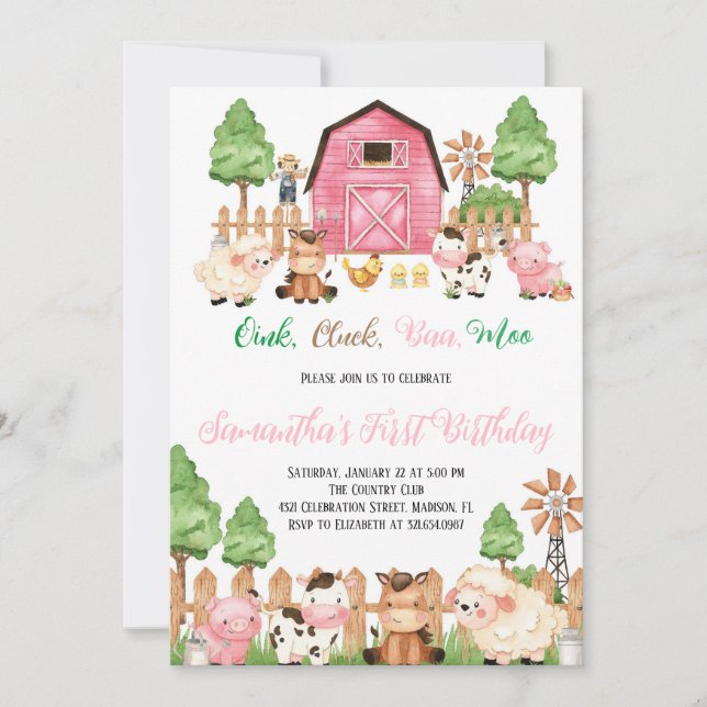 Farm Animals Barnyard Pink Girl Birthday Party Invitation (Front)