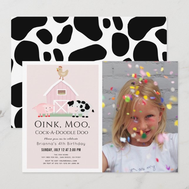 Farm Animals Barnyard Pink Girl Photo Birthday Invitation (Front/Back)