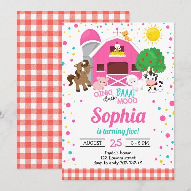 Farm Animals Barnyard Pink Plaid Girl Birthday Invitation (Front/Back)