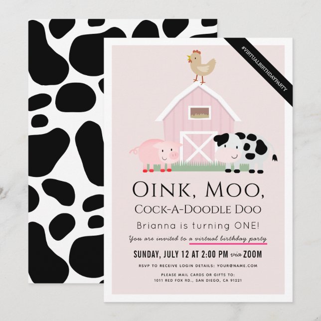 Farm Animals Barnyard Pink Virtual 1st Birthday Invitation (Front/Back)