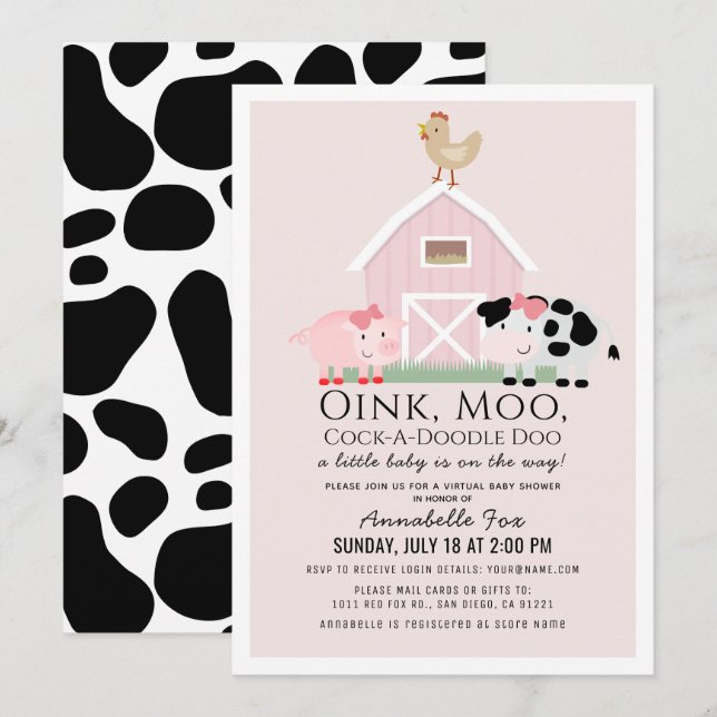 Farm Animals Barnyard Pink Virtual Baby Shower Invitation (Front/Back)