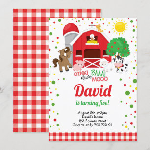 Farm Animals Barnyard Plaid Boy Birthday Invitation