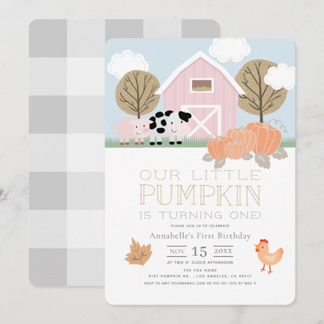 Farm Animals Barnyard Pumpkin Patch 1st Birthday Invitation (Front/Back)