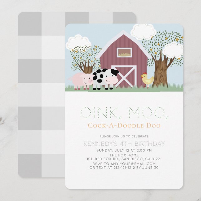 Farm Animals Barnyard Red Barn Birthday Invitation (Front/Back)