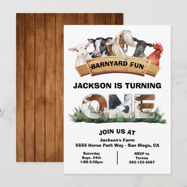 Farm Animals Barnyard Rustic Sign Birthday Party Invitation (Front/Back)