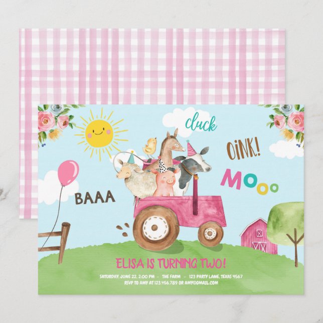 Farm Animals Barnyard Tractor Pink Farmhouse Party Invitation (Front/Back)