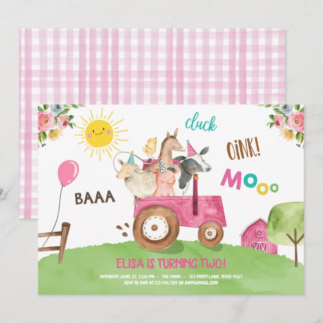 Farm Animals Barnyard Tractor Pink Farmhouse Party Invitation (Front/Back)