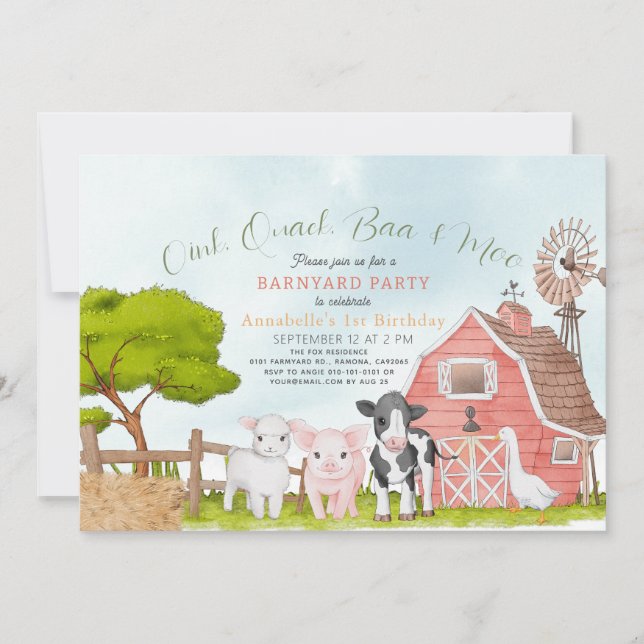 Farm Animals Barnyard Watercolor 1st Birthday Invitation (Front)